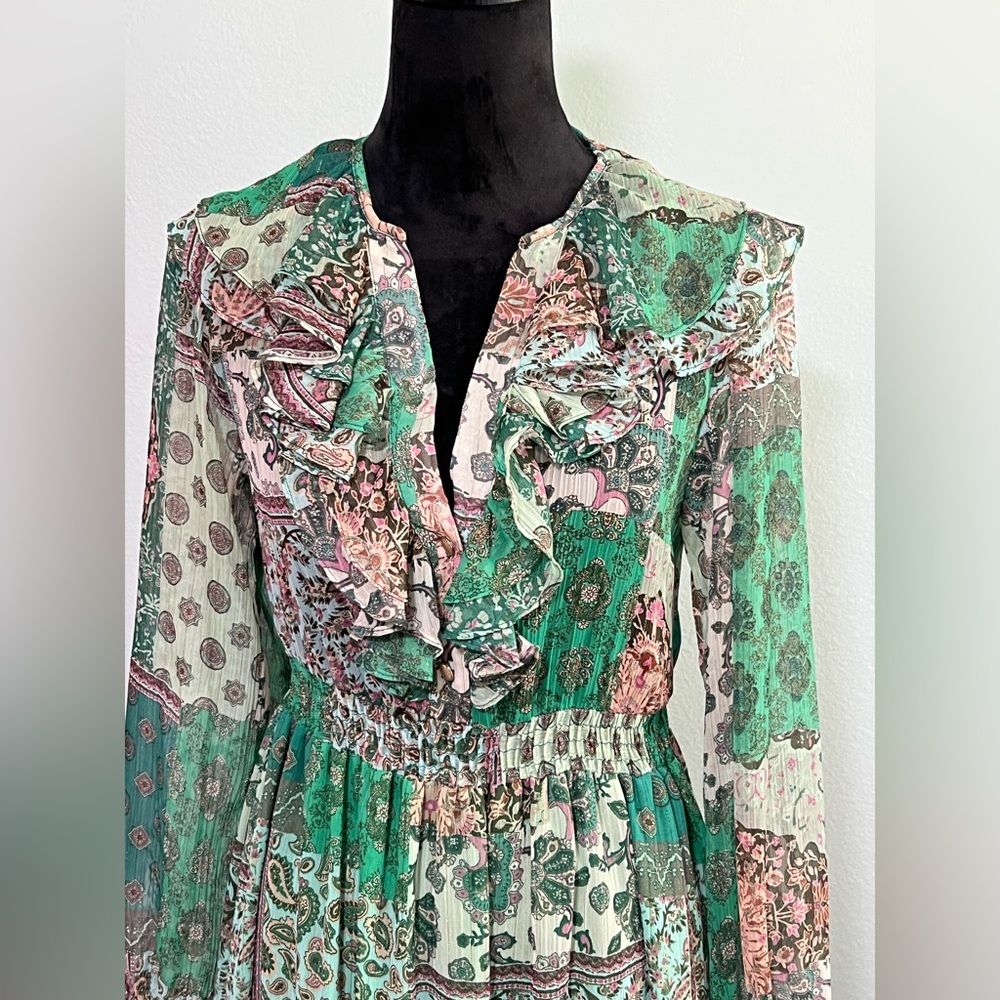 ZARA Long Sleeve Chiffon Semi Sheer Patchwork Lined Maxi Dress- S - Picture 4 of 9